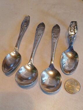 Vtg Silver Plate Collectible Spoon Set (4) B-day, Mickey Mouse, Pretty Puss!